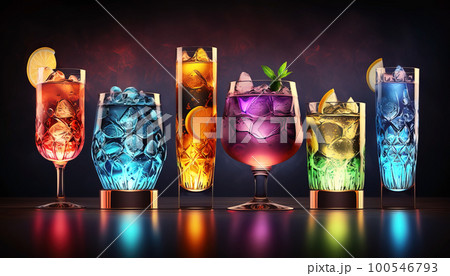 Row of Colorful Cocktail Drinks on a Bar . AI generated Illustration. 100546793