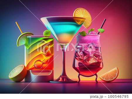 Row of Colorful Cocktail Drinks on a Bar . AI generated Illustration. 100546795