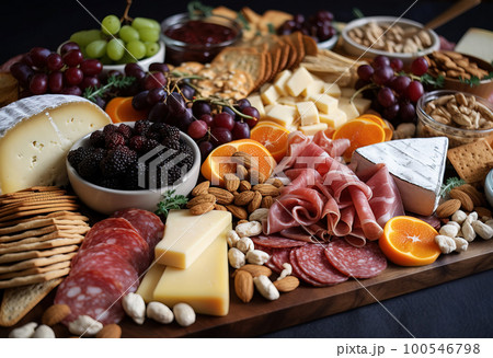 Charcuterie Board with Different Types of Meats, Cheeses and Fruits . AI generated Illustration. 100546798