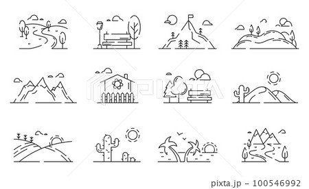 Nature landscape icons. Mountains and meadows. Desert cactus. Rock cliffs. Sea beach palms. Park bench. Natural rivers. Valley and forest scenery. Hill fields panorama. Vector garish line symbols set 100546992