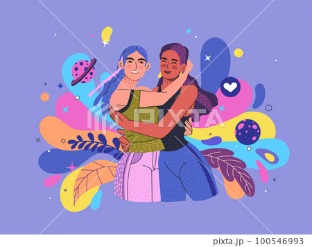 Friends love. Excited street hugs. Lovely and trust meeting. Beauty and laughing. Happy woman sympathy. Girlfriends cuddle. Embracing people relationship. Colorful shapes. Vector exact illustration 100546993