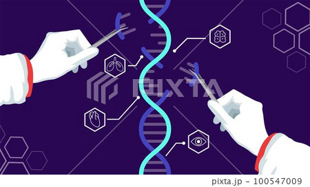 DNA edit. Baby genetic sequence. Crispr gene engineering. Cas9 and genome mutation editing. Medical RNA research. Doctor hands with tweezers. Biotechnology science. Vector tidy illustration background DNA edit. Baby genetic sequence. Crispr gene engineering. Cas9 and genome mutation editing. Medical RNA research. Doctor hands with tweezers. Biotechnology science. Vector tidy illustration background 100547009