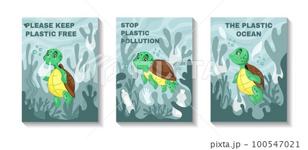 Sea turtle print, animal in trash. Stop water pollution posters. Ocean eco mascot, rubbish plastic garbage, underwater environment, aqua and marine protection. Vector tidy creative ecology banners set 100547021