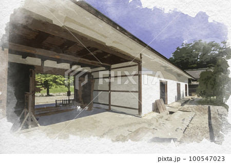水彩画風　彦根城　馬屋　滋賀県彦根市 100547023