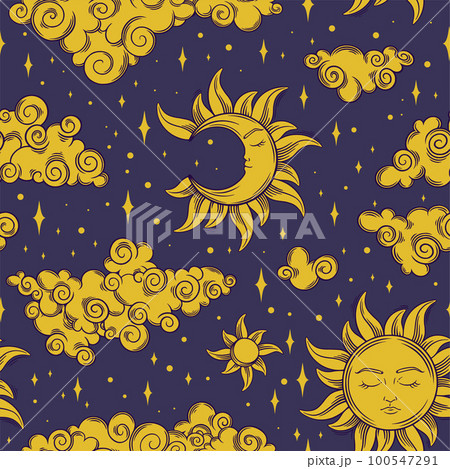 Tarot seamless pattern with sun and crescent moon. Tarot aesthetic tile with golden celestial objects. Vector illustration Tarot seamless pattern with sun and crescent moon. Tarot aesthetic tile with golden celestial objects. Vector illustration 100547291