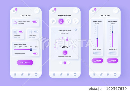 Smart Home unique neomorphic design kit. Internet of things technology of home automation system. Remote control of house UI UX templates set. Vector illustration of GUI for responsive mobile app. 100547639