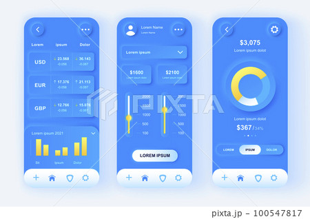 Finance services unique neomorphic design kit. Bank accounts monitoring, budgeting, financial planning and limits settings. UI UX templates set. Vector illustration of GUI for responsive mobile app. 100547817