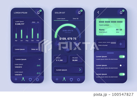 Finance services unique neomorphic design kit. Online banking screen with charts and financial analytics. Finance management UI UX templates set. Vector illustration of GUI for responsive mobile app. 100547827