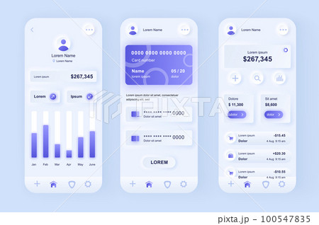 Online banking unique neomorphic design kit. Mobile wallet screens with financial analytics and balance. Financial management UI UX templates set. Vector illustration of GUI for responsive mobile app. 100547835