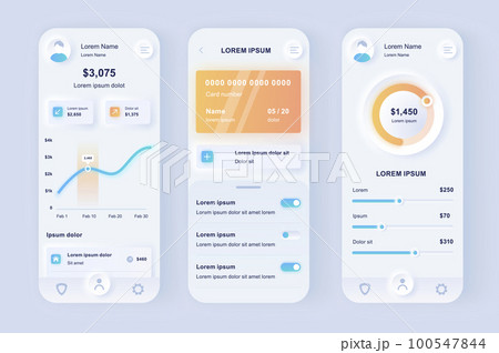 Online banking unique neomorphic design kit. Smart finance application with manage transactions and view account activities. UI UX templates set. Vector illustration of GUI for responsive mobile app. 100547844