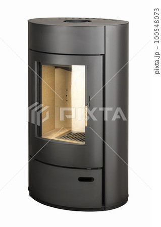 Modern fireplaces for heating from metal and heat-resistant glass. Boiler for solid fuel isolated on white background. 100548073