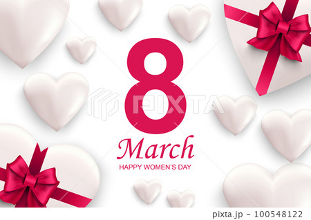 Happy women's day greeting card. White hearts with pink ribbon bows. Vector illustration of congratulation on 8th of March. Beautiful banner design with realistic 3d elements on white background. Happy women's day greeting card. White hearts with pink ribbon bows. Vector illustration of congratulation on 8th of March. Beautiful banner design with realistic 3d elements on white background. 100548122