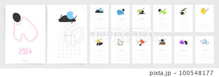 Minimal 2024 calendar design. Week starts on Sunday. Calendar page template with colorful abstract shapes and elements. Aesthetic geometric design. Wall or desktop calendar planner. Set of 12 months	 100548177