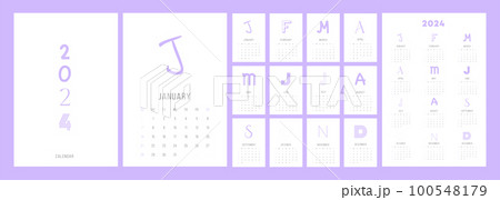2024 minimal creative calendar template. Week starts on Sunday. clean typography design, ready to print 2024 calendar with modern lettering design. Vector annual set template.	 100548179