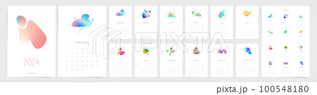 2024 calendar template with abstract gradient shapes. Week starts on Sunday. Modern design, ready to print 2024 calendar with gradient design elements. Vector monthly annual template for 2024 year.	 100548180