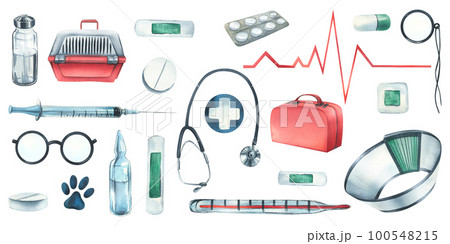 Veterinary equipment. Watercolor illustration. Set from the VETERINARY collection. For the design and decoration of clinics, hospitals, first-aid posts, pharmacies for animals. Veterinary equipment. Watercolor illustration. Set from the VETERINARY collection. For the design and decoration of clinics, hospitals, first-aid posts, pharmacies for animals. 100548215