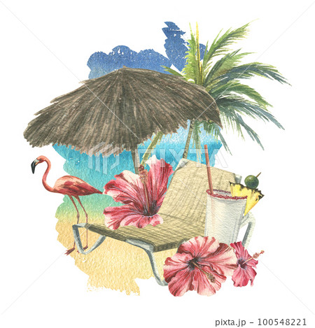 Sun umbrella with beach lounger, hibiscus flowers, pink flamingos and coconut trees against the sea and sky. Watercolor illustration. Composition from the CUBA collection. For decoration and design. 100548221