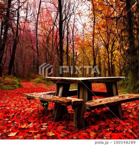 AI生成、ハロウィン、紅い葉っぱの森 100548289