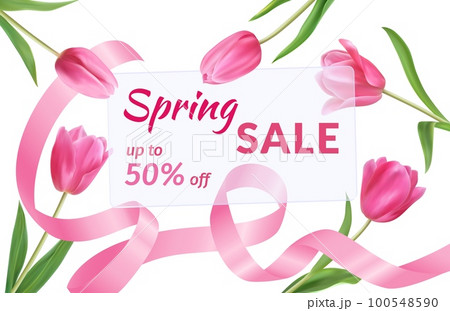 8 march border, realistic tulips. Eight day of spring, nature flowers and petals, sale paper and pink silk ribbon, girl gift. Discount offer. Vector neoteric web banner template on white background 100548590