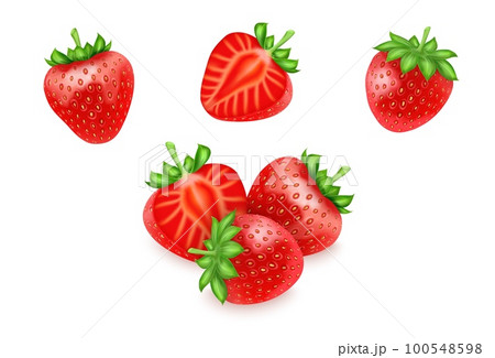 Realistic whole strawberry, fruit diet elements. Piece and slices of berry, 3d nature sweet compositions. Fresh summer elements. Vector isolated neoteric illustration isolated on white background 100548598
