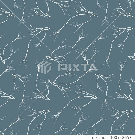 Dry twigs. Leafless tree branch pattern. Winter nature. Cherry leaves silhouette. Autumn graphic forest. Sky and flower plants. Bare dead stems. Natural background. Vector tidy seamless texture print 100548658