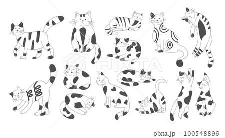 Cute kitty group, doodle drawing black and white cats. Funny hand drawn pet in different poses, smile and fur characters, feline, animal sketch stickers collection. Vector garish isolated cartoon set 100548896
