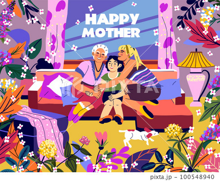 Happy mother and child. Warm hugs. Family happiness. Loved mama and young baby. Blooming plants. Parents cuddling kid. People sitting together on sofa. Mom's embrace. Vector exact illustration concept 100548940