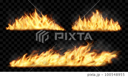 Realistic fire. Burn effect. Red igniting border. Bonfire light. Isolated orange flame with spark and smoke. Campfire or hell wildfire. Combustion elements set. Vector transparent neoteric background 100548955