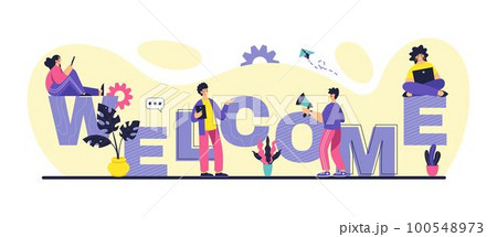 Office welcome page. Presentation message. Greeting word. For new worker. Boss celebration. Employee team members. Invitation lettering. Chatting people. Friends group meeting. Vector tidy concept 100548973