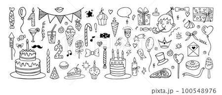 Happy birthday doodles, festive cakes with candles. Sweethand candy, fireworks and confetti, celebration gifts and bows, present boxes, sweet party decorative elements. Vector tidy cute drawing set 100548976