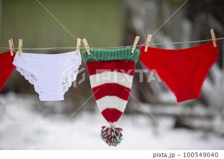 Women's panties and a Christmas hat are dried on a rope. 100549040