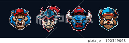Cartoon animal head, red and blue sport logo collection with white outlined. Angry face of grizzly, horse, bison and beaver characters. Sport team mascot set. Vector illustration 100549068