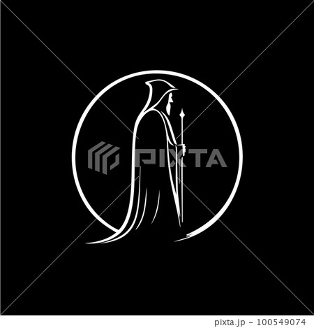 Sorcerer head silhouette tattoo, astronomer logo template. Fortune teller emblem on black background, magician elder line icon. Vector illustration 100549074