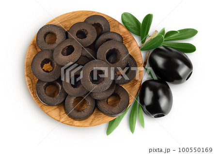 Black olive slices in wooden bowl isolated on a white background with full depth of field. Top view. Flat lay 100550169
