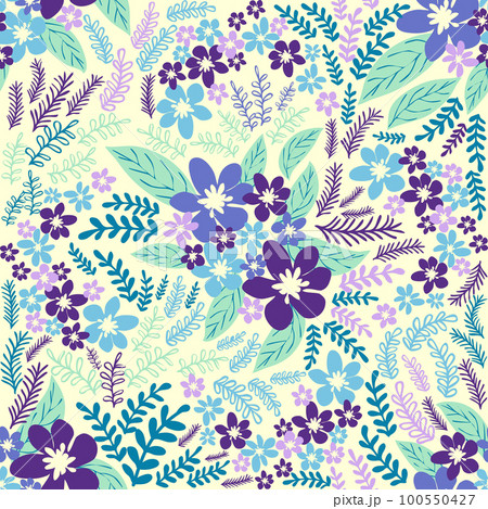 Fantasy seamless floral pattern with blue, azure, tsman, lavender flowers and leaves. Elegant template for fashion Fantasy seamless floral pattern with blue, azure, tsman, lavender flowers and leaves. Elegant template for fashion 100550427