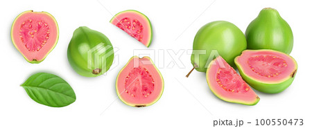 Guava fruit with slices isolated on white background with full depth of field. Top view. Flat lay 100550473
