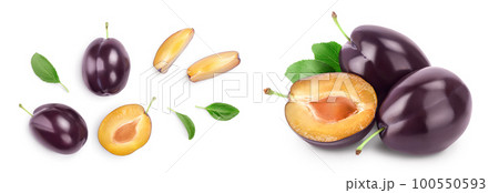 fresh purple plum and half with leaves isolated on white background with full depth of field. Top view. Flat lay fresh purple plum and half with leaves isolated on white background with full depth of field. Top view. Flat lay 100550593