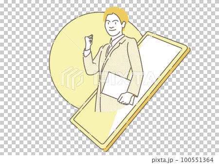 スマホからあらわれガッツポーズをするビジネスマン-モノクロ 100551364