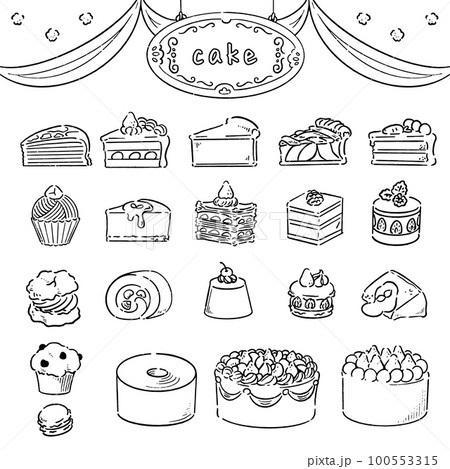 手描きのかわいいケーキセット 白黒 手描きのかわいいケーキセット 白黒 100553315