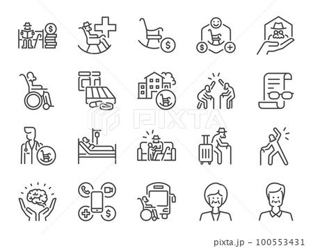 Aging society icon set. It included icons such as senior people, elderly, retirement, retire, and more. Aging society icon set. It included icons such as senior people, elderly, retirement, retire, and more. 100553431
