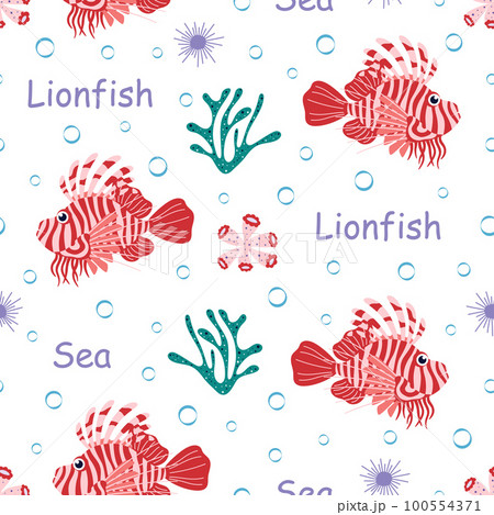cartoon seamless pattern with lionfish, vector illustration 100554371