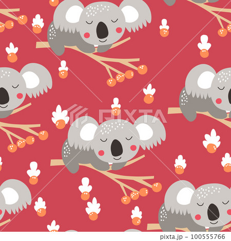 Seamless pattern with cute koala baby on color background. Funny australian animals. Card, postcards for kids. Flat vector illustration for fabric, textile, wallpaper, poster, paper Seamless pattern with cute koala baby on color background. Funny australian animals. Card, postcards for kids. Flat vector illustration for fabric, textile, wallpaper, poster, paper 100555766
