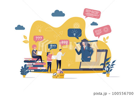 Consulting concept in flat style. Consultant answers questions scene. Online business assistance, consultation and mentoring web banner. 100556700