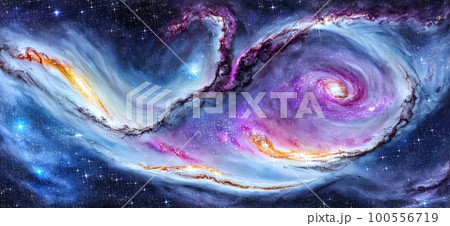 Ultrawide Illustration of a space cosmic background of supernova nebula and stars, glowing mysterious universe. Concept wallpaper art Ultrawide Illustration of a space cosmic background of supernova nebula and stars, glowing mysterious universe. Concept wallpaper art 100556719