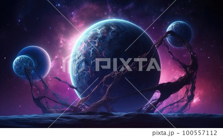 Blue planet with three moons covered with purple luminous organic web 100557112