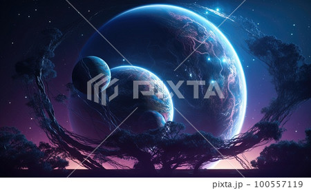 Blue planet with three moons covered with purple luminous organic web 100557119