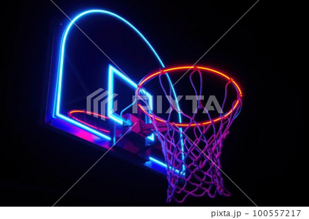 Neon basketball hoop on black background 100557217