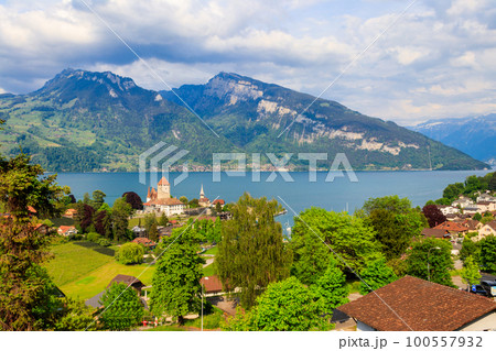 Aerial view of Spiez town with Spiez castle and Lake Thun in the Bernese Oberland, Switzerland Aerial view of Spiez town with Spiez castle and Lake Thun in the Bernese Oberland, Switzerland 100557932