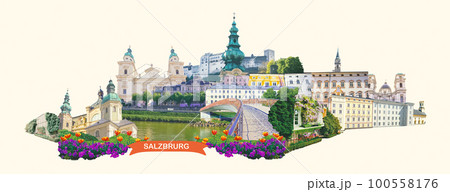 Panoramic view of Salzburg skyline with river Salzach, Salzburger Land, Austria 100558176