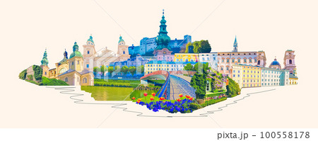 The collage of view of Salzburg skyline with river Salzach, Salzburger Land, Austria. Art collage, design 100558178